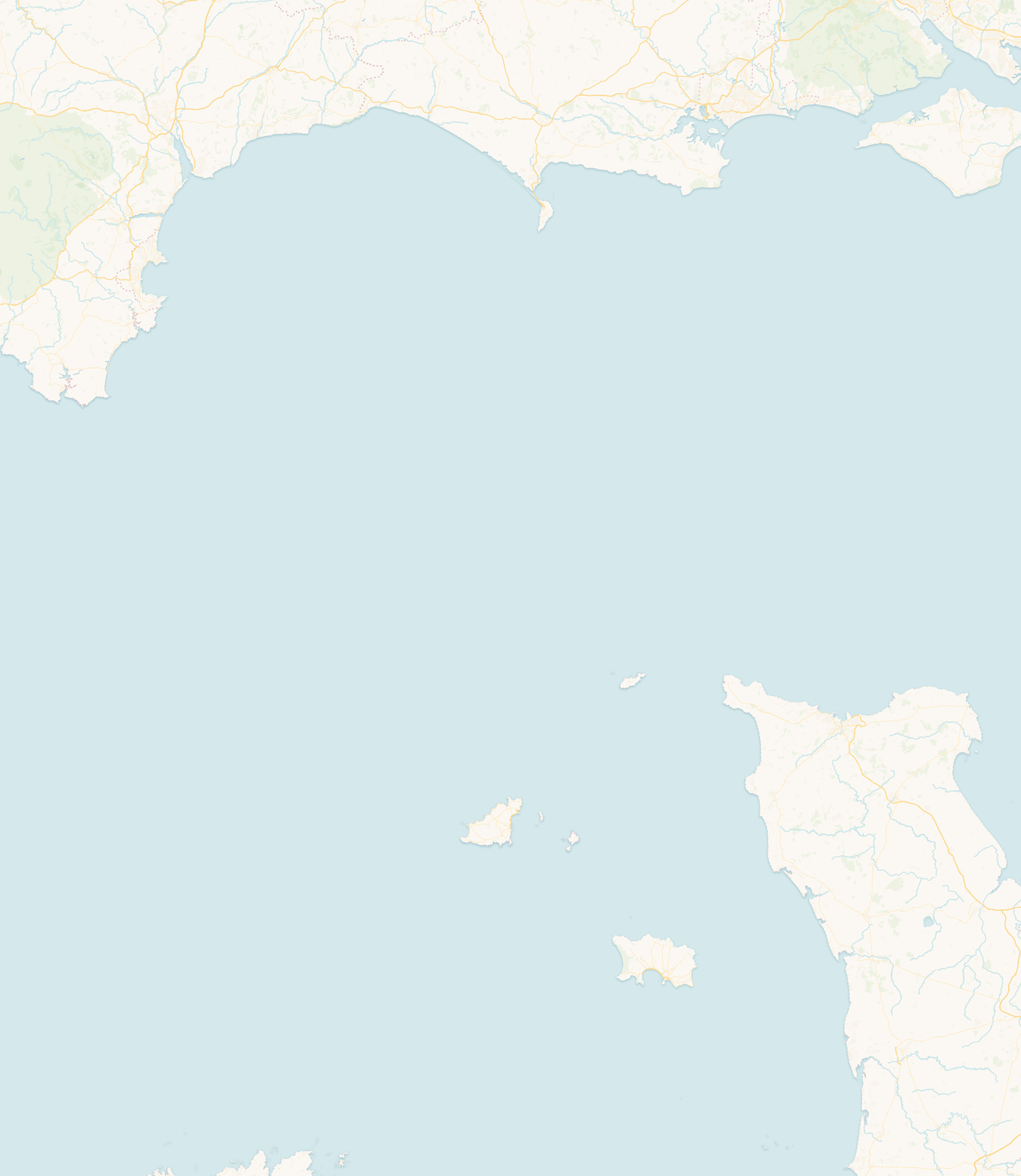 Map of the Channel Islands between the south coast of England and the coast of France